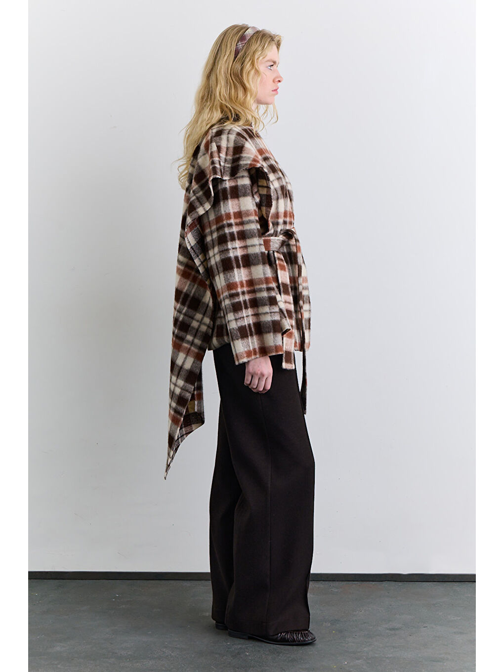 Şal Detaylı Ekose Panço Kahverengi-4