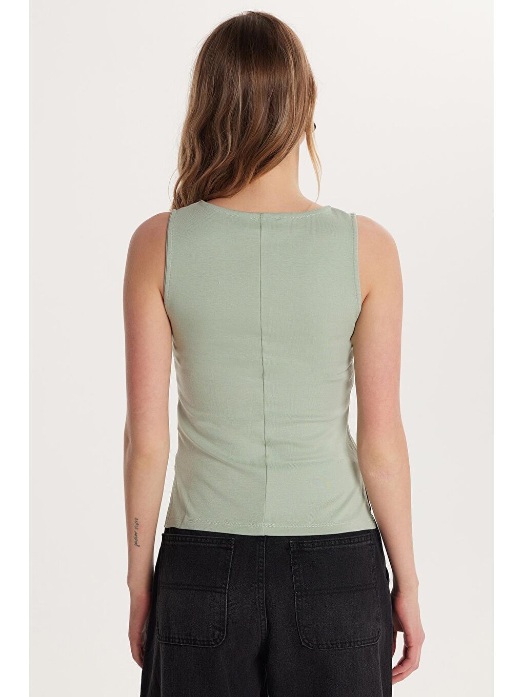 Yeşil Kadın Modal Kumaş Slim Fit Dar Kesim Bisiklet Yaka Düz Basic Mint Bluz-4