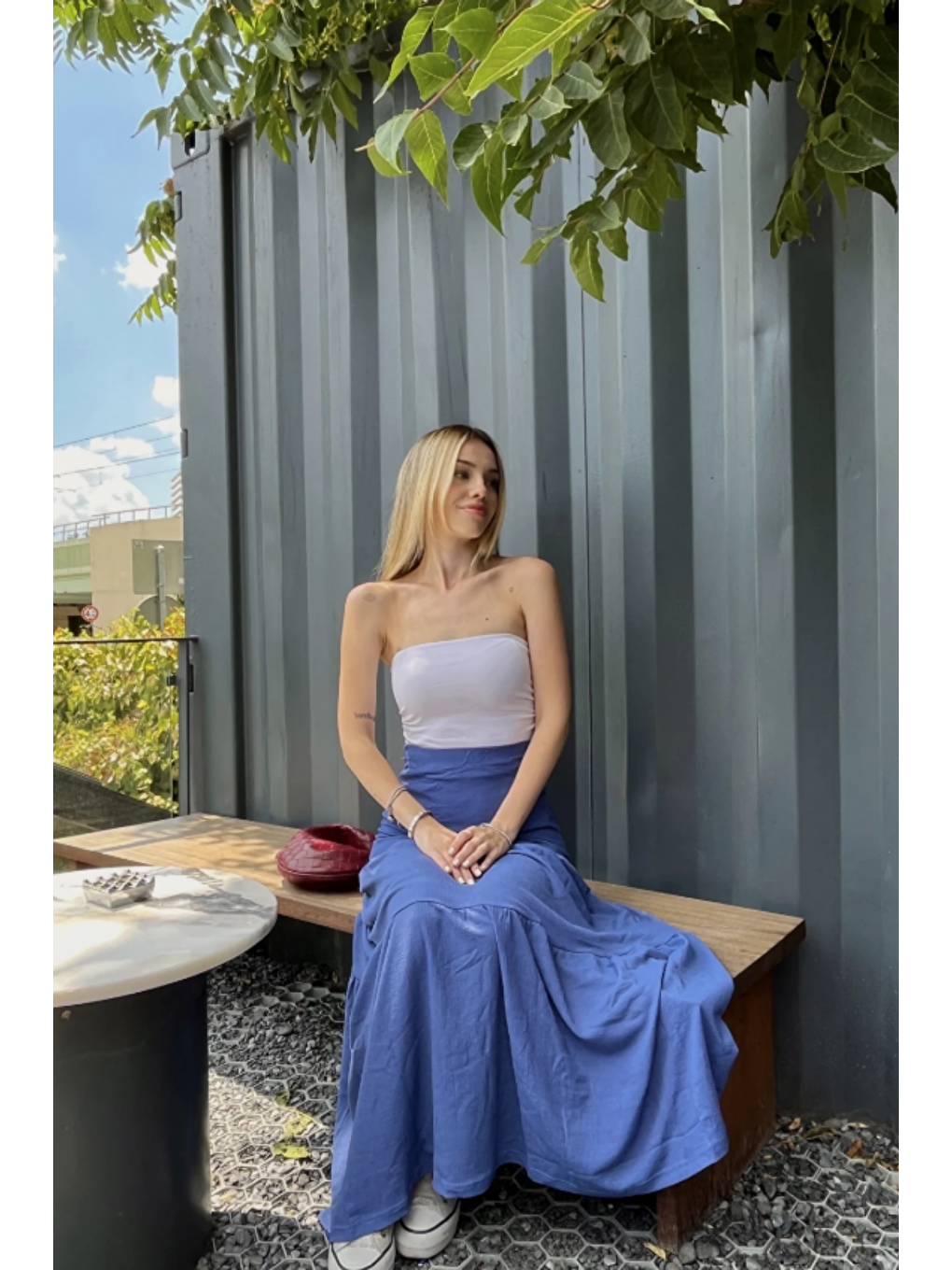 Mavi Kadın Saks Yüksek Bel Volamlı Uzun Etek-2