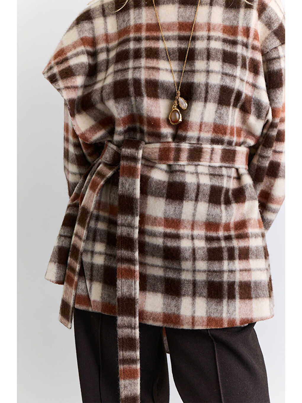 Şal Detaylı Ekose Panço Kahverengi-5