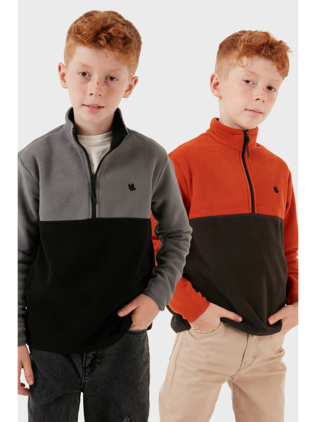 Gri Yumuşak Dokulu Yarım Fermuarlı Renk Bloklu Dik Yaka 2'li Paket Polar 5905004S2