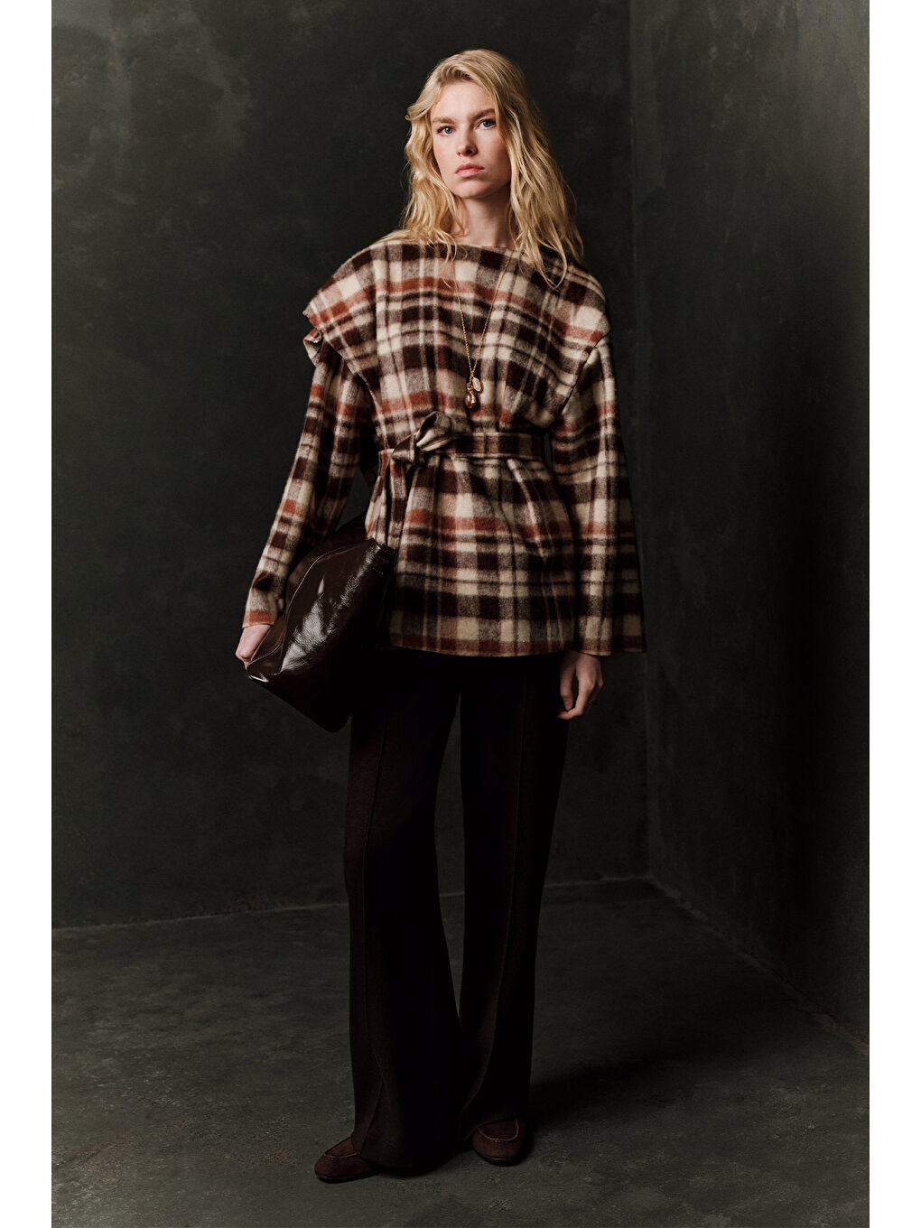 Şal Detaylı Ekose Panço Kahverengi-1