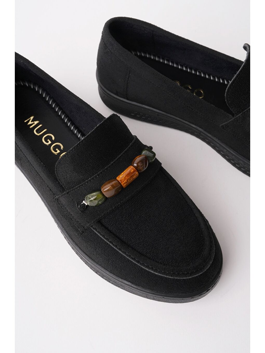 Siyah AUREVA Boncuk Detaylı Süet Kadın Günlük Loafer Ayakkabı-1