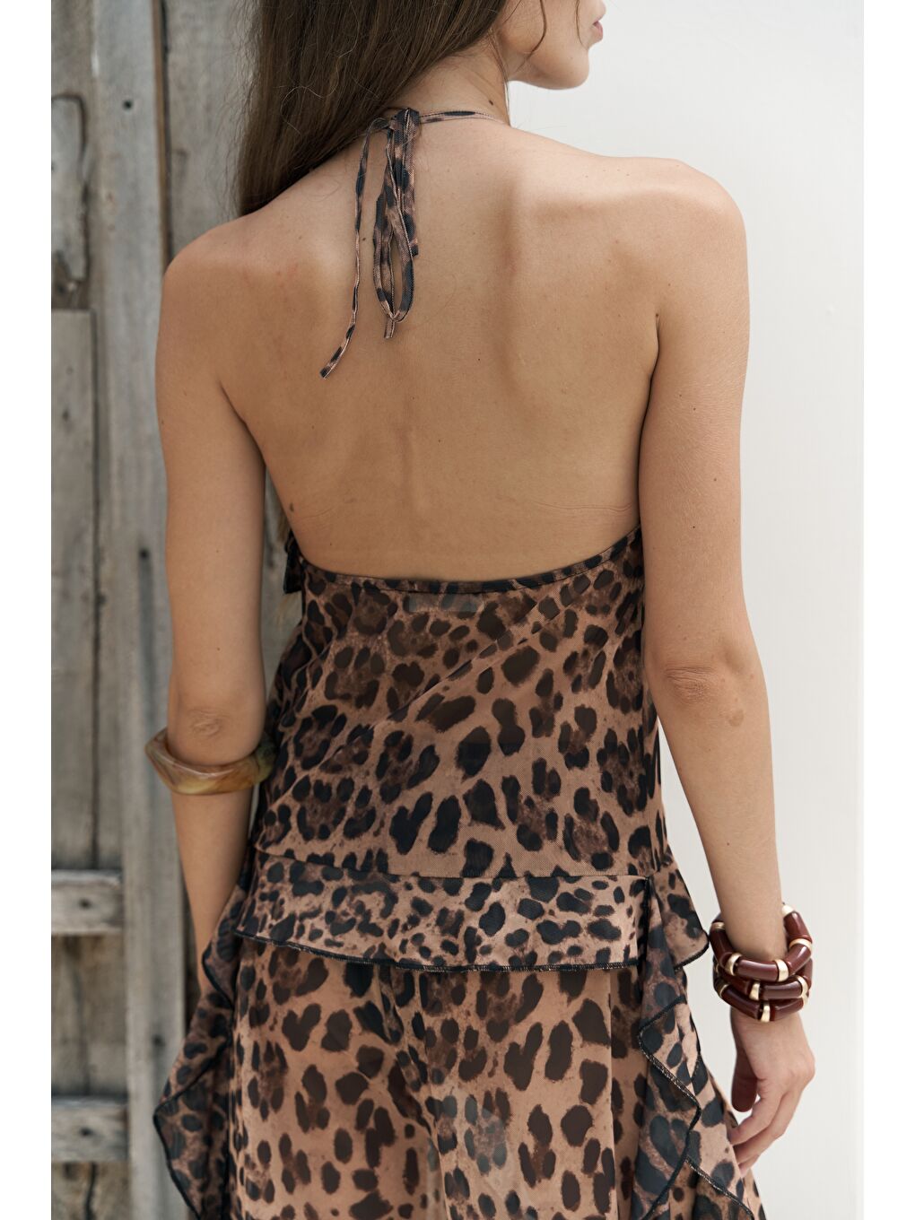 Bej Sulliven Fırfır Detay Leopar Crop Pantolon Takım-5