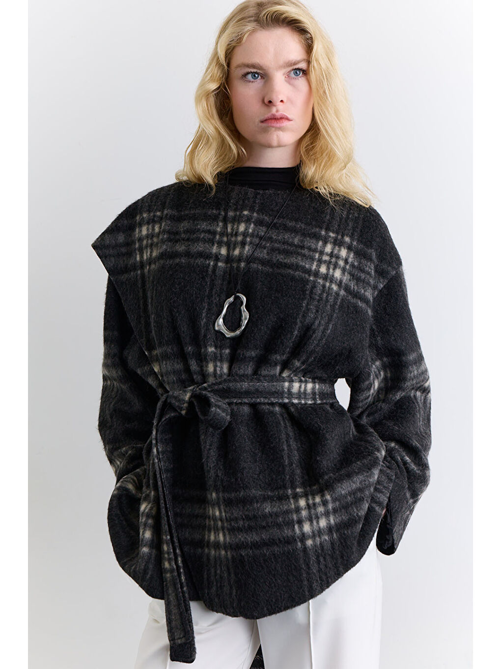 Şal Detaylı Ekose Panço Antrasit-1