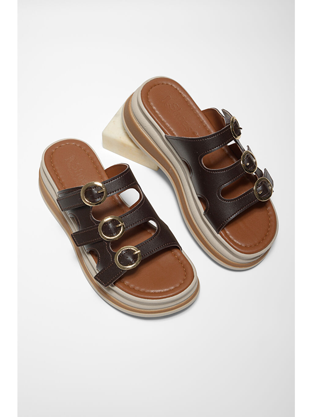 Kahverengi Kadın Kahve Rahat Kalıp Yüksek Taban Terlik-4