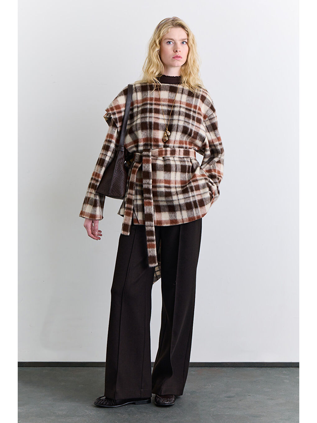 Şal Detaylı Ekose Panço Kahverengi-3