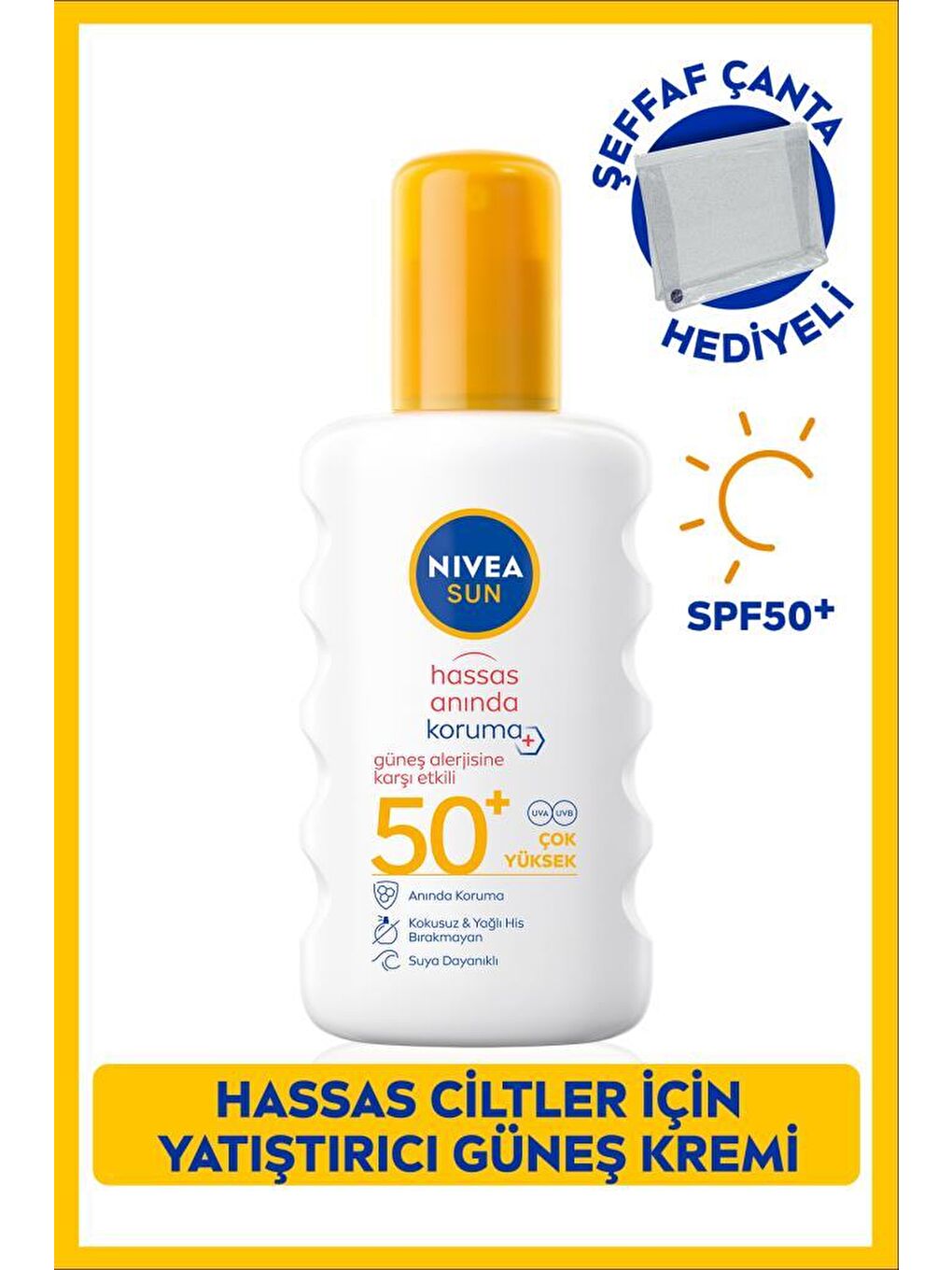 SUN SPF50 Anında Hassas Güneş Koruyucu Vücut Spreyi 200ml, Çanta Hediyeli, Güneş Alerjisine Etkili