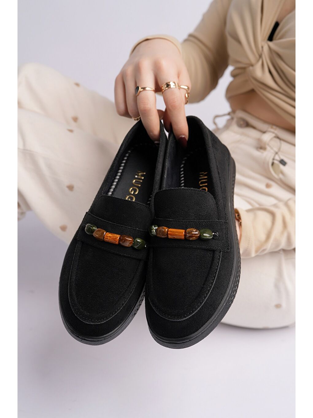 Siyah AUREVA Boncuk Detaylı Süet Kadın Günlük Loafer Ayakkabı-4