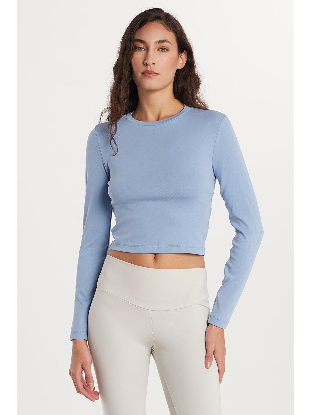 Kadın Slim Fit Dar Kesim Bisiklet Yaka Mavi Bluz-1