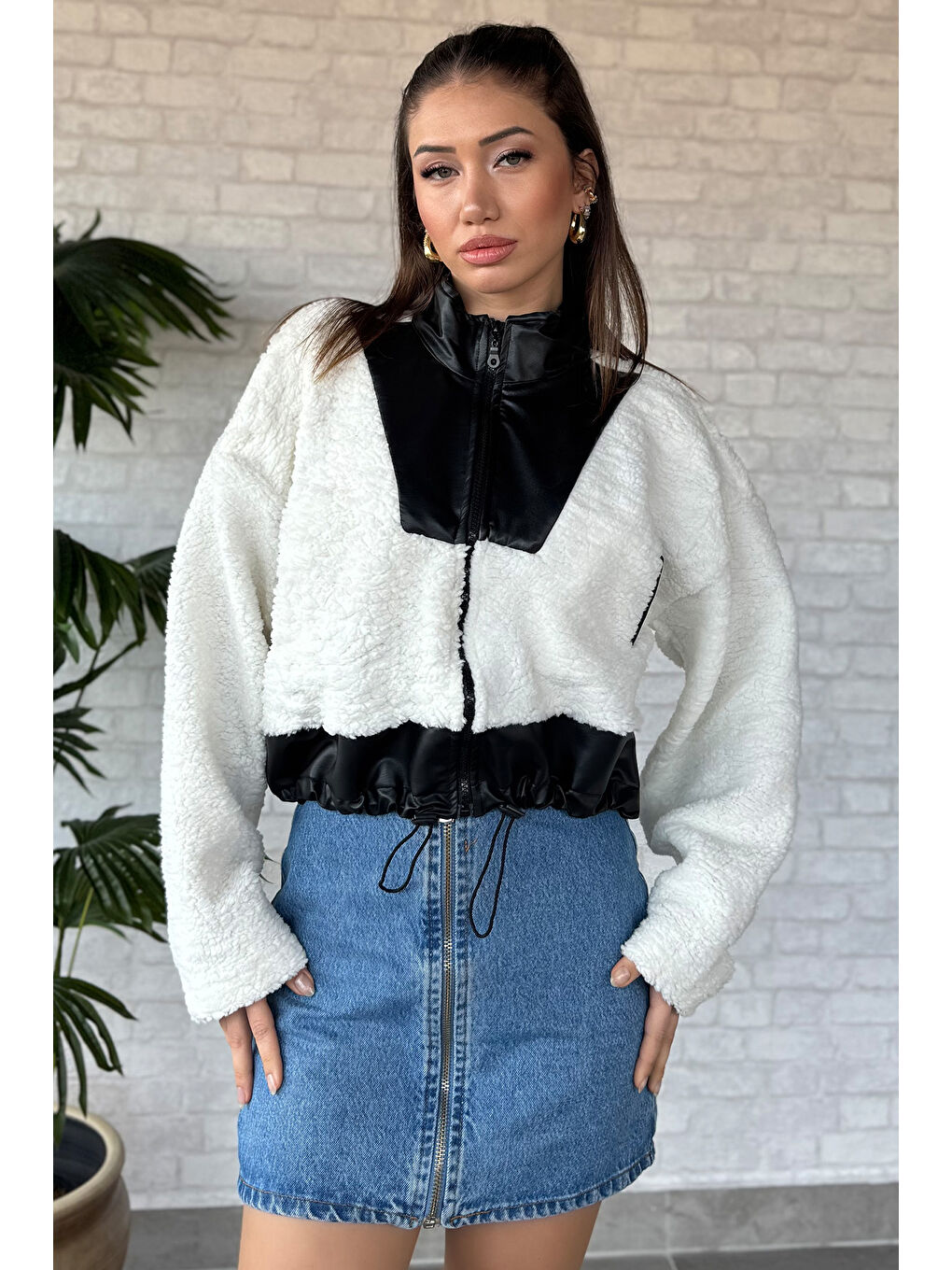 Ekru Kadın Deri Garnili Cepli Pelüş Ceket-1