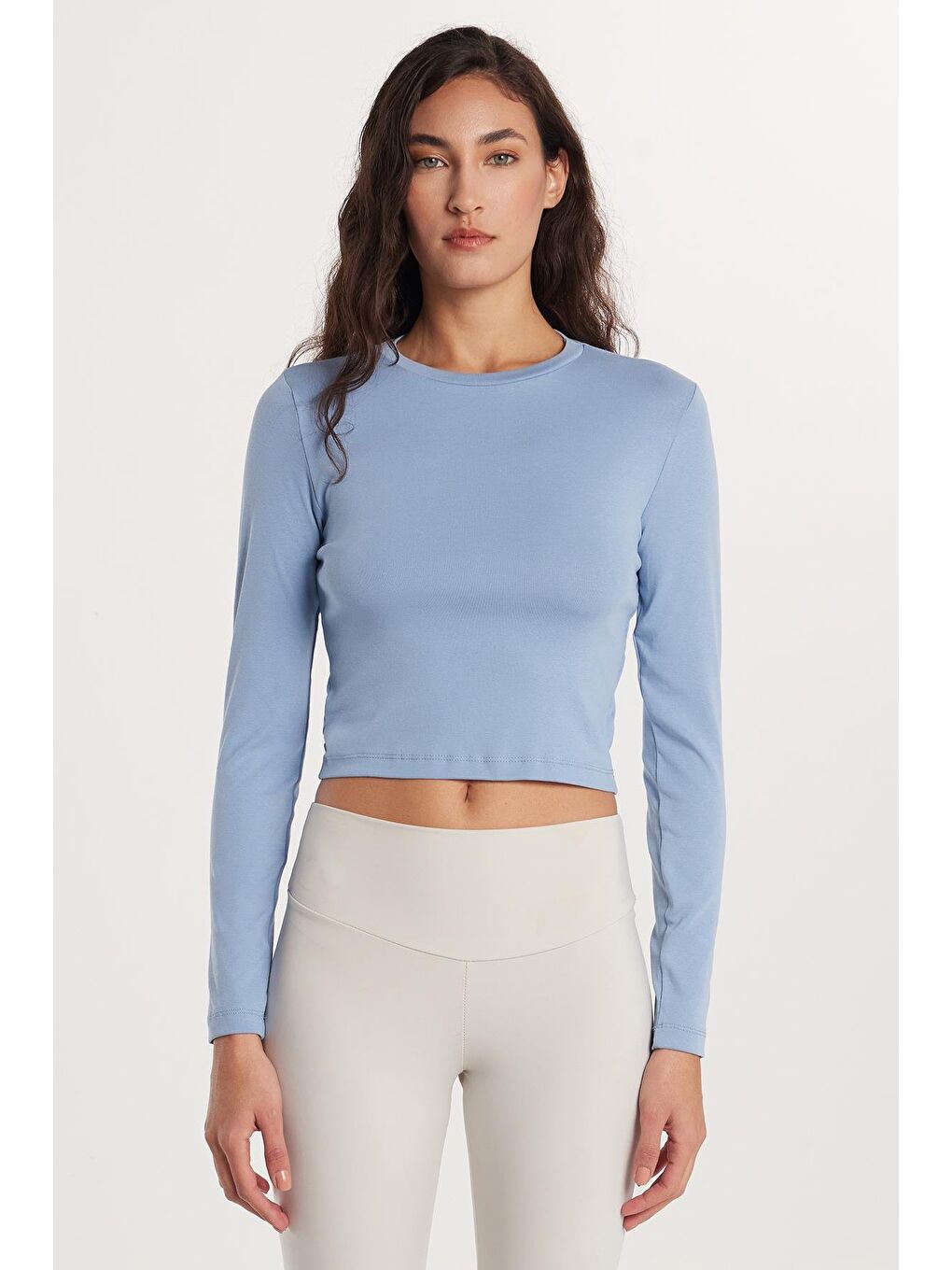 Kadın Slim Fit Dar Kesim Bisiklet Yaka Mavi Bluz-3