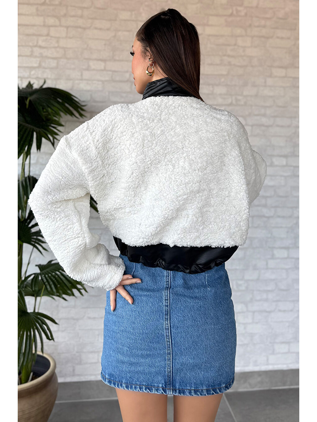 Ekru Kadın Deri Garnili Cepli Pelüş Ceket-2