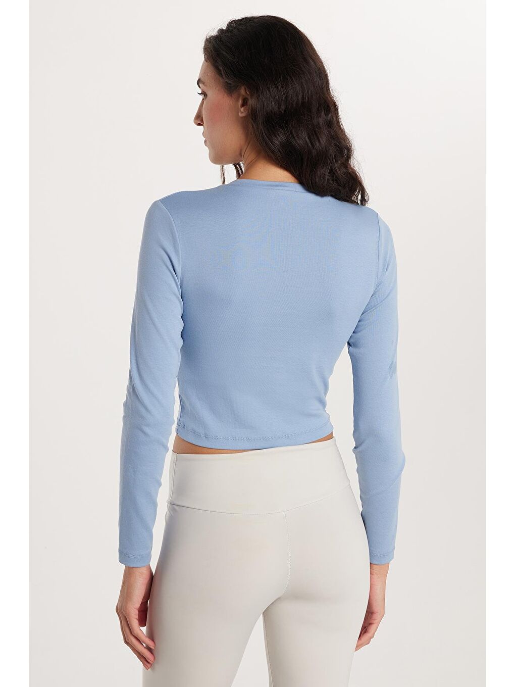 Kadın Slim Fit Dar Kesim Bisiklet Yaka Mavi Bluz-4