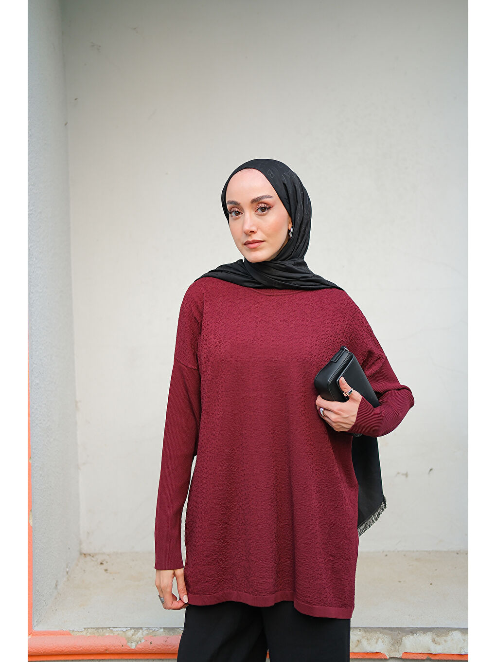 Kadın Kendinden Desenli Tunik Bordo