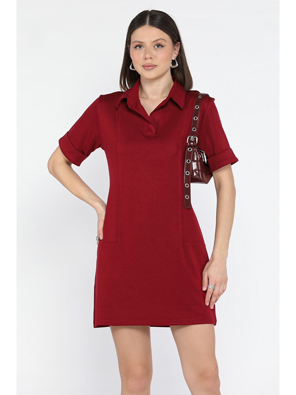 Bordo Polo Yaka Duble Kol Kadın Elbise