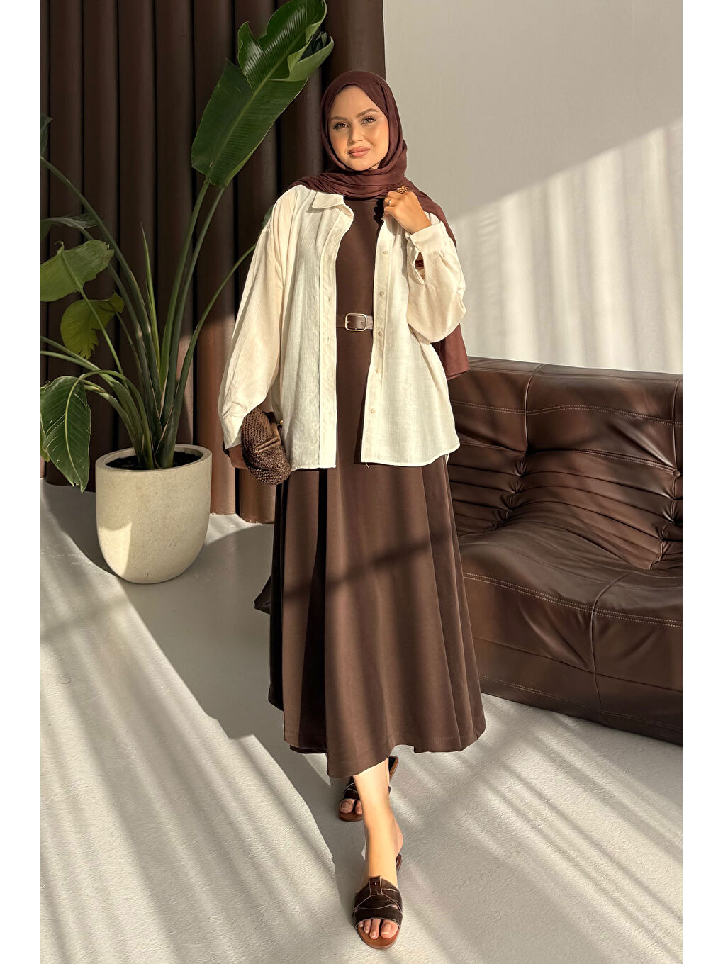 Kadın Sıfır Kol Elbise Kahverengi