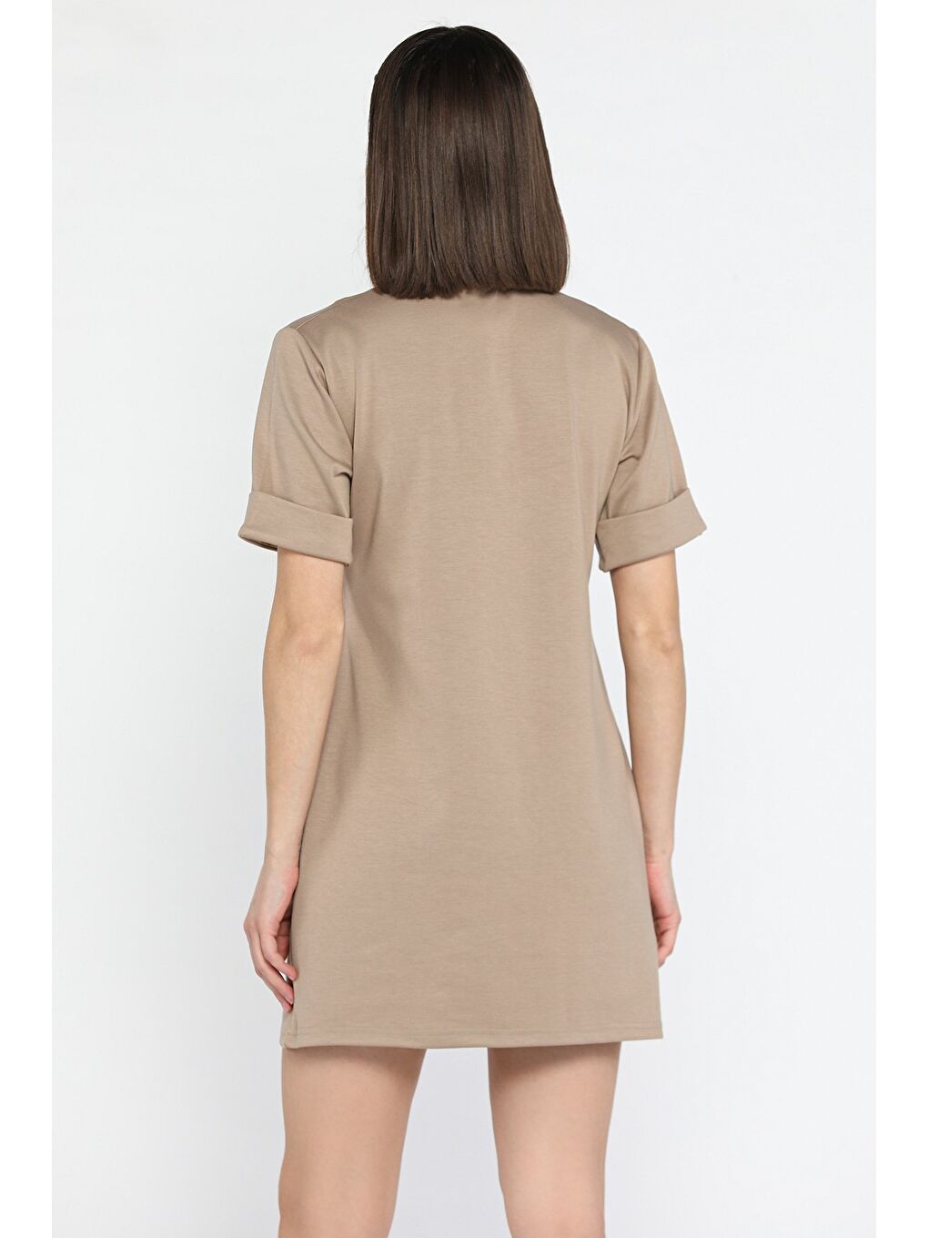 Bej Polo Yaka Duble Kol Kadın Elbise-2