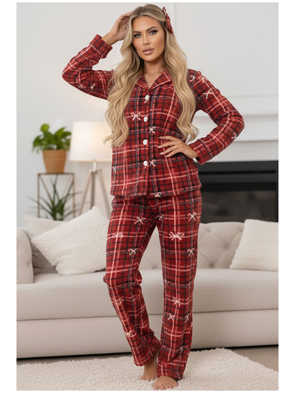 Bordo Fiyonk Desenli Nakışlı Polar Kışlık Örme Pijama Takım-1