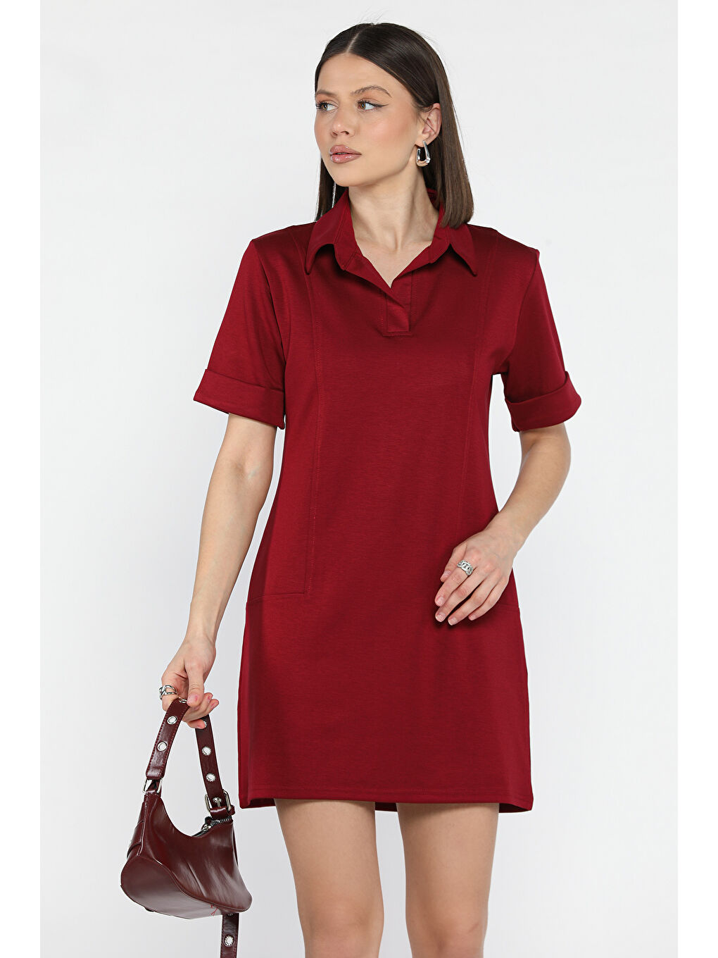 Bordo Polo Yaka Duble Kol Kadın Elbise-1