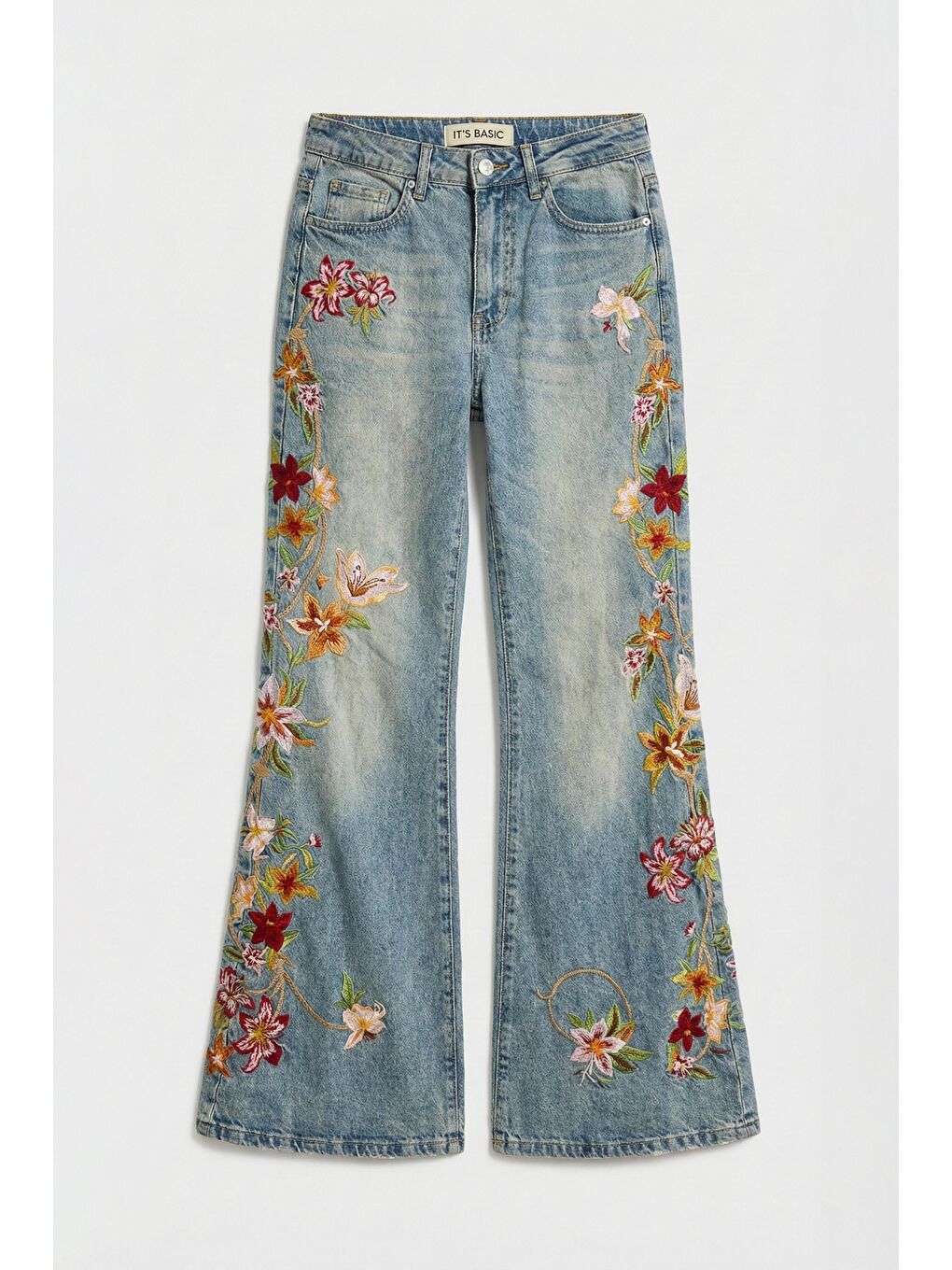 Mavi Kadın Jean Rengi 4s6-32 Flare Fit Beli Lastikli Özel Çiçek Desen Nakışlı Tasarım Denim Jean-3