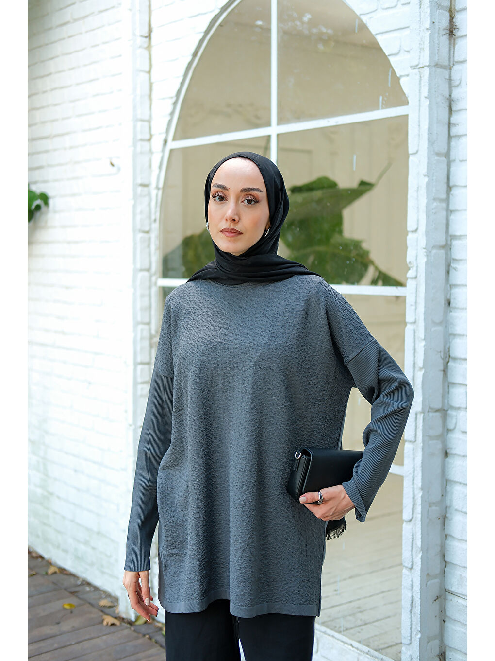 Gri Kadın Kendinden Desenli Tunik Füme