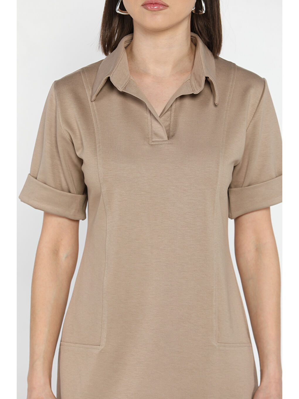 Bej Polo Yaka Duble Kol Kadın Elbise-3