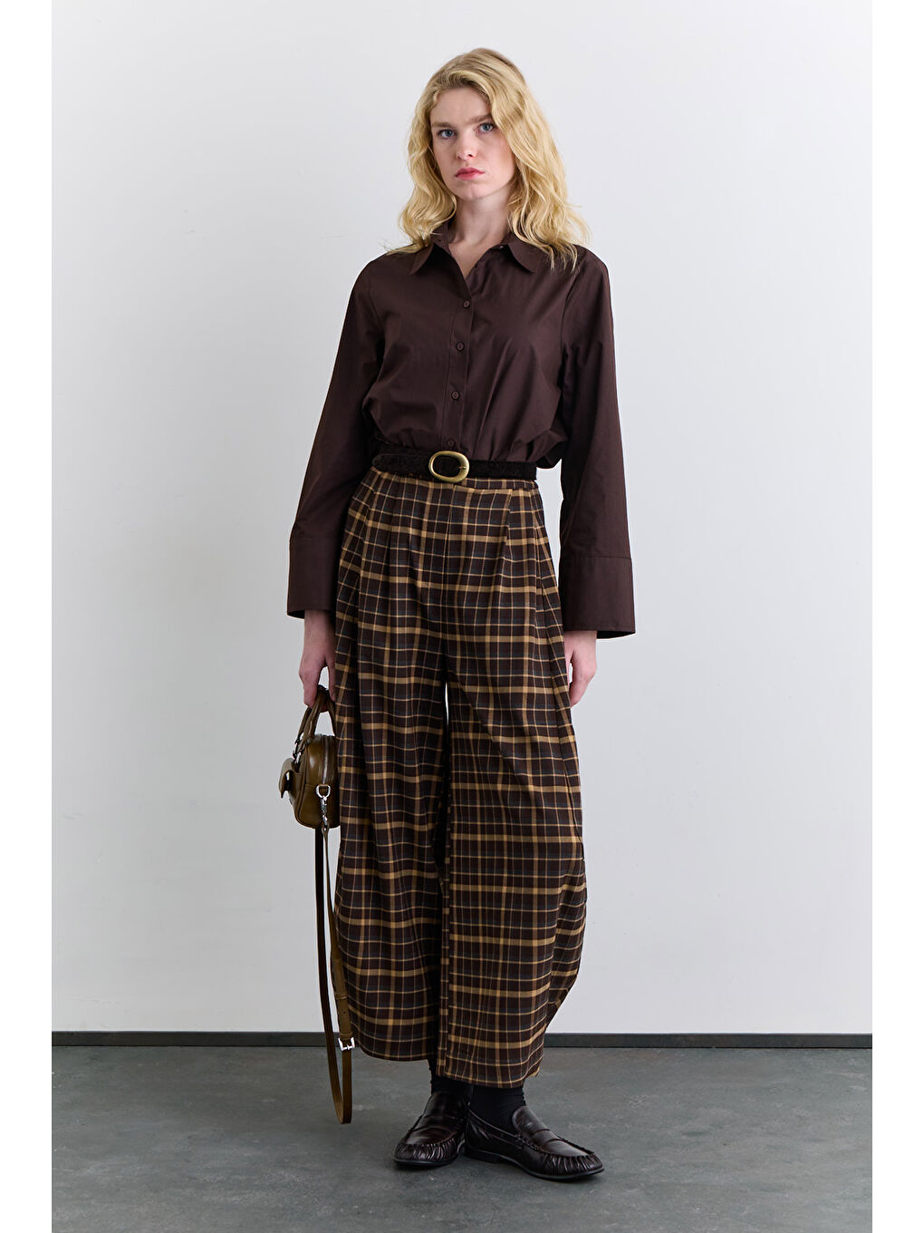 Ekose Balon Form Pantolon Kahverengi