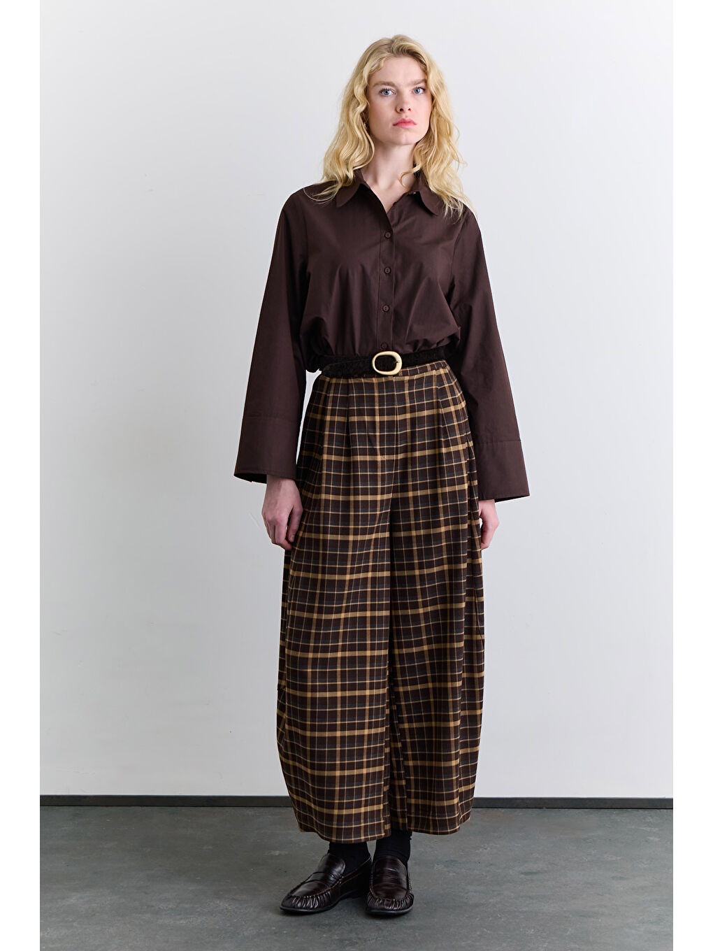 Ekose Balon Form Pantolon Kahverengi-1