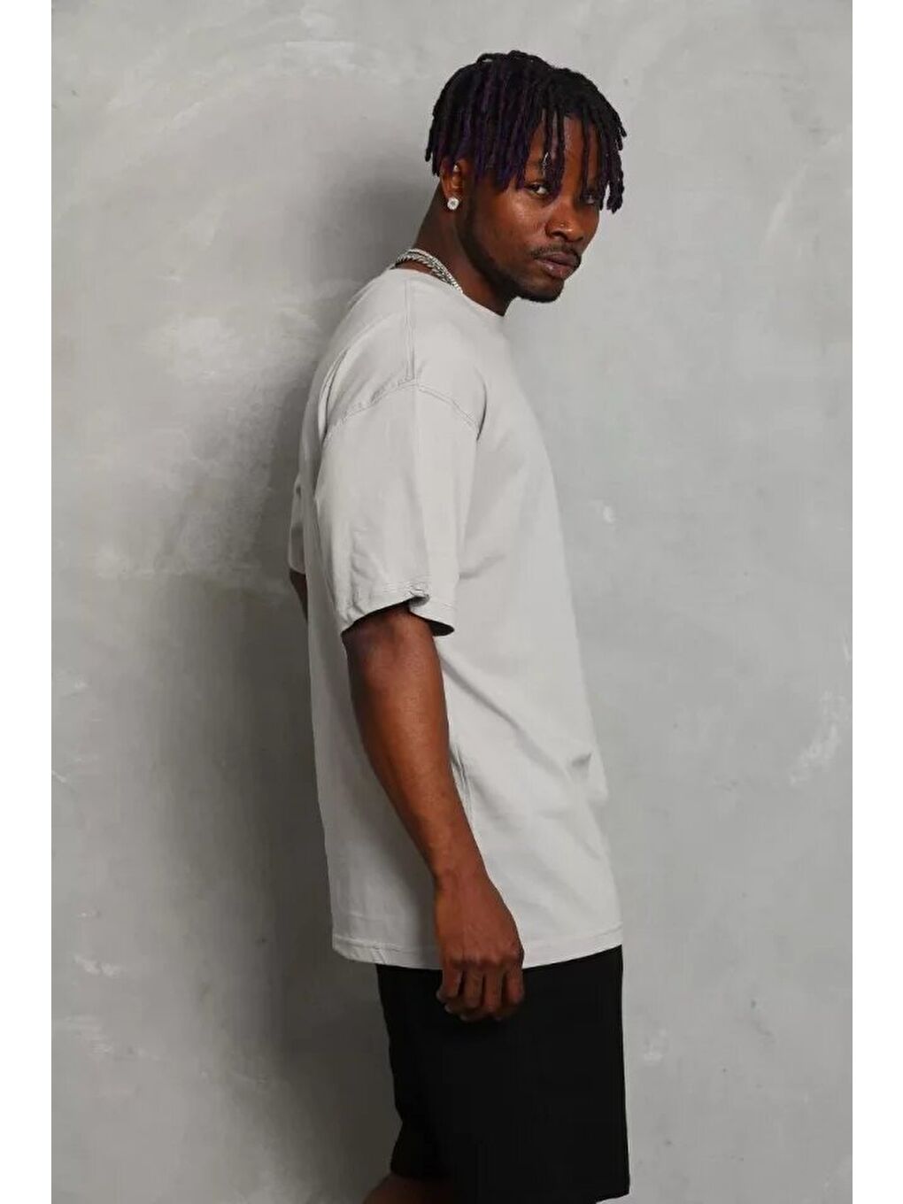 Unisex Oversize Düz Bisiklet Yaka T-Shirt - Gri-2