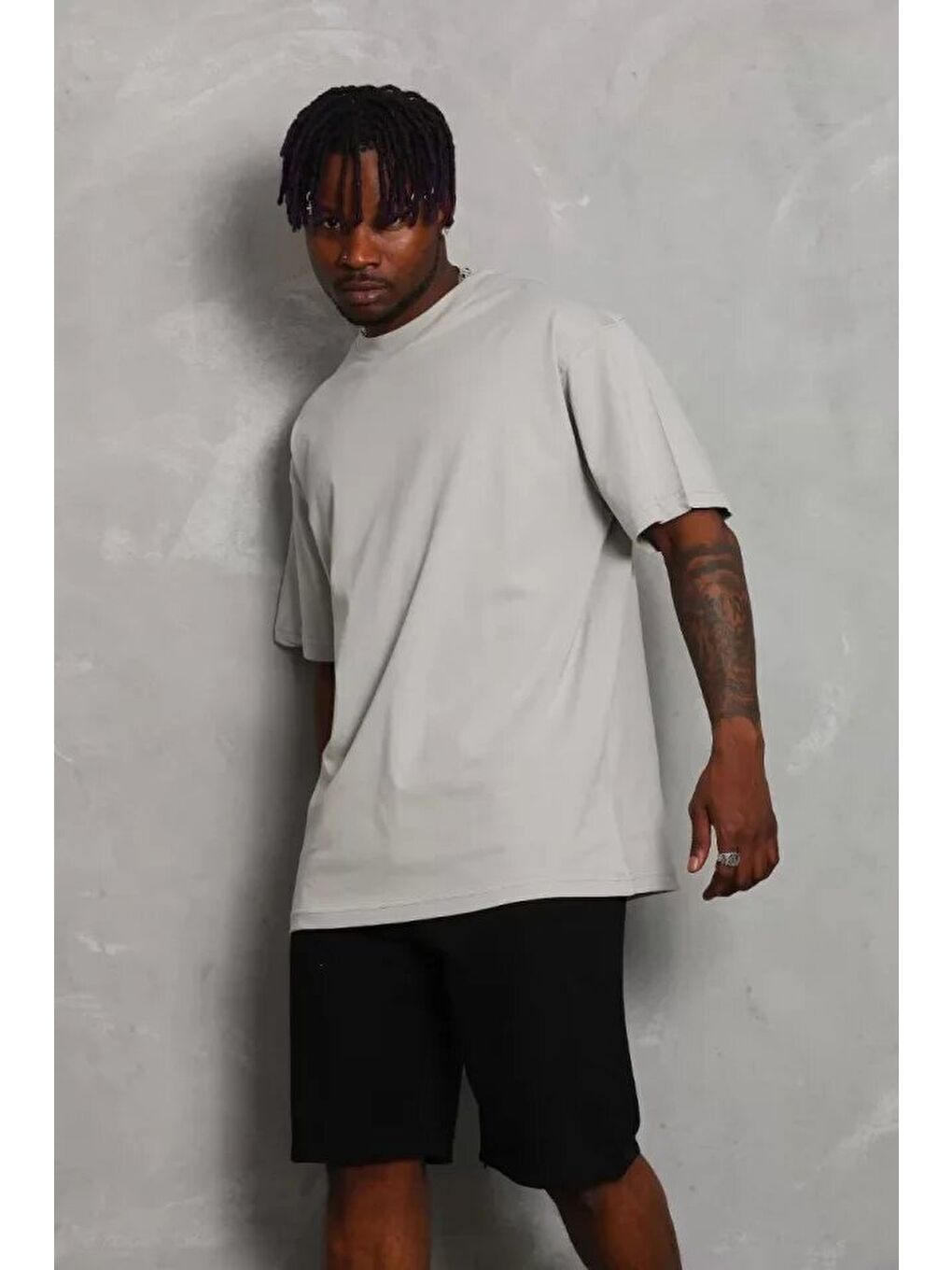 Unisex Oversize Düz Bisiklet Yaka T-Shirt - Gri-3