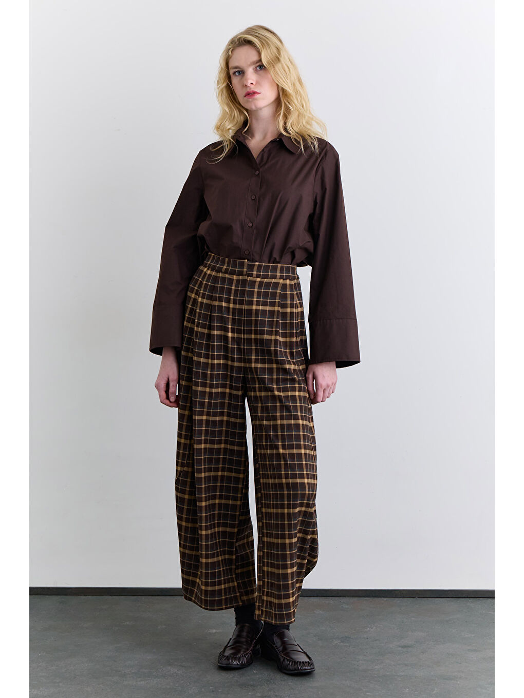 Ekose Balon Form Pantolon Kahverengi-2