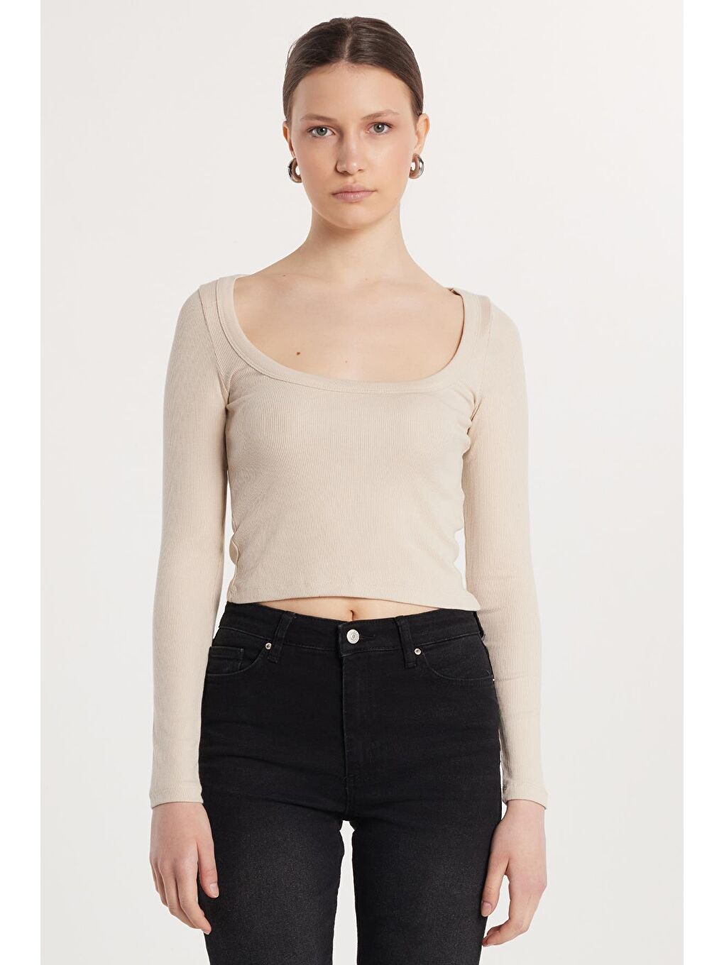 Bej Kadın Modal Kumaş Slim Fit Dar Kesim Kare Yaka Taş Bluz-3