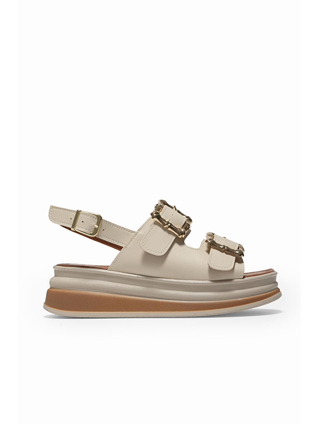 Kadın Bej Rahat Kalıp Yüksek Taban Tokalı Sandalet-4