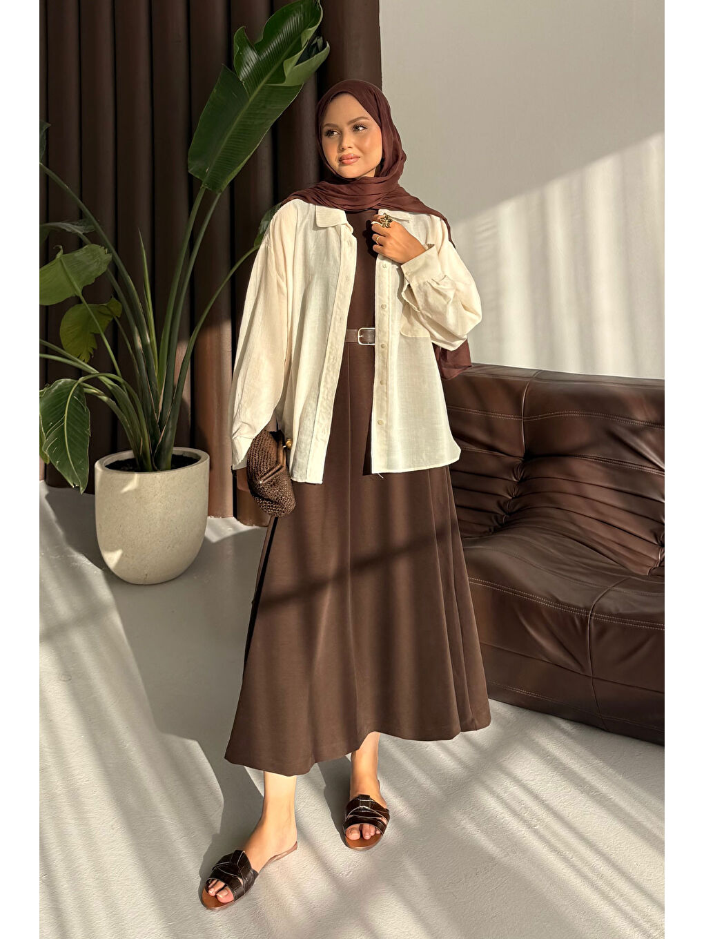 Kadın Sıfır Kol Elbise Kahverengi-2