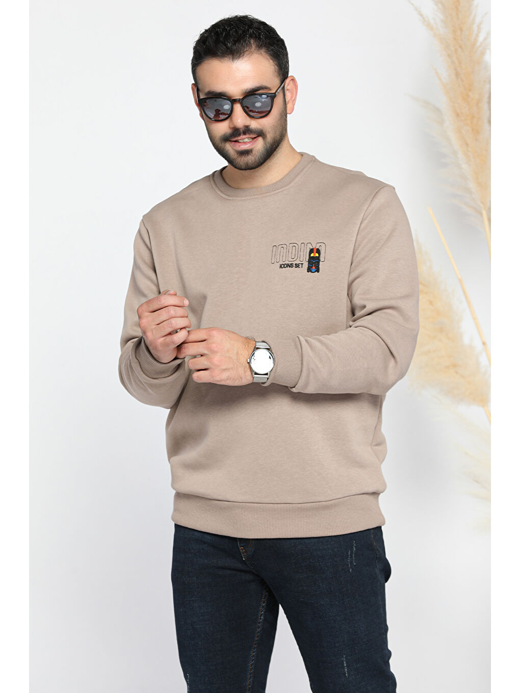 Mishar İtalia Bej Bisiklet Yaka Nakışlı Erkek Sweatshirt