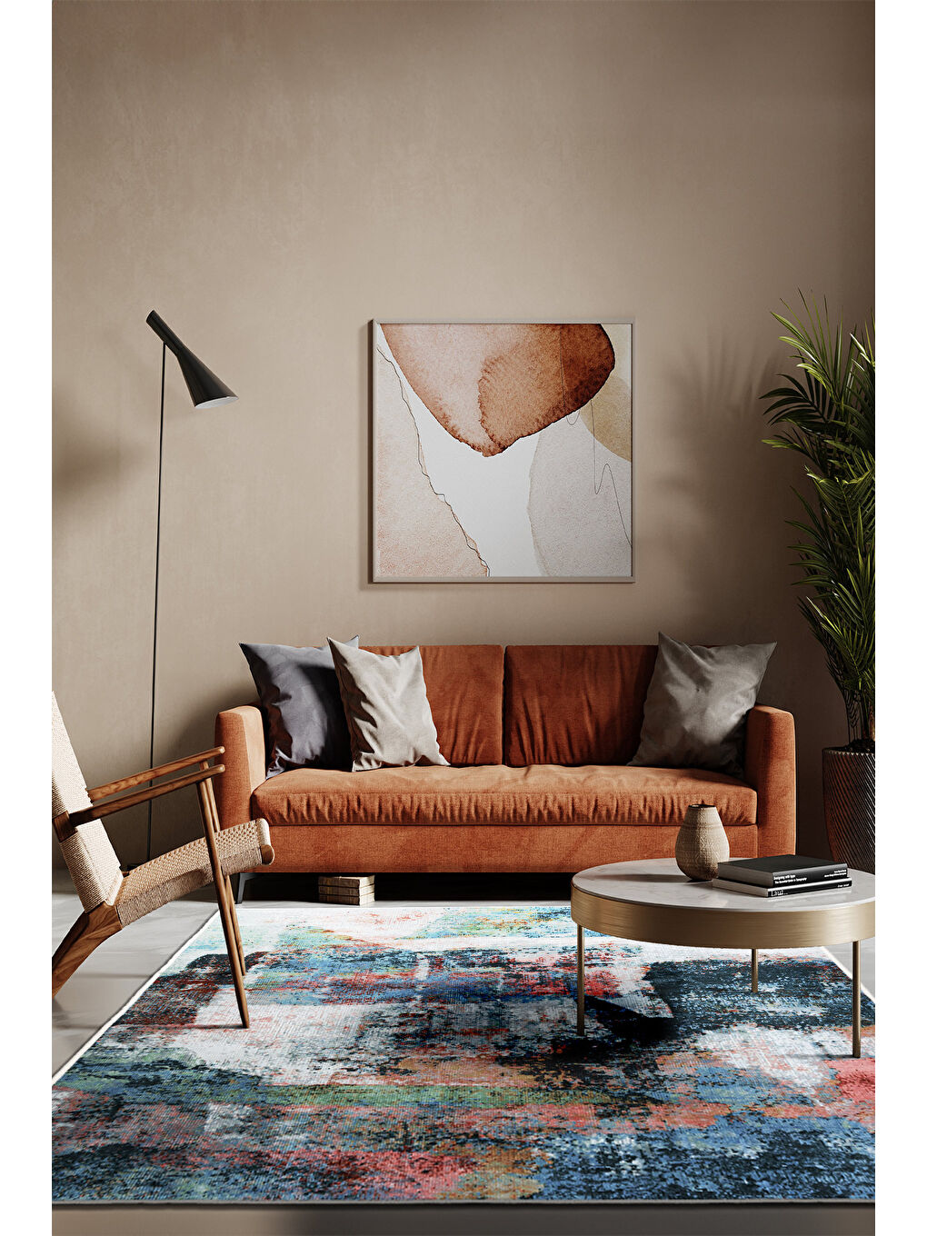 Bej Dekoratif Özel Tasarım Yıkanabilir İnce Kaymaz Tabanlı Modern Halı KECE FR33-1