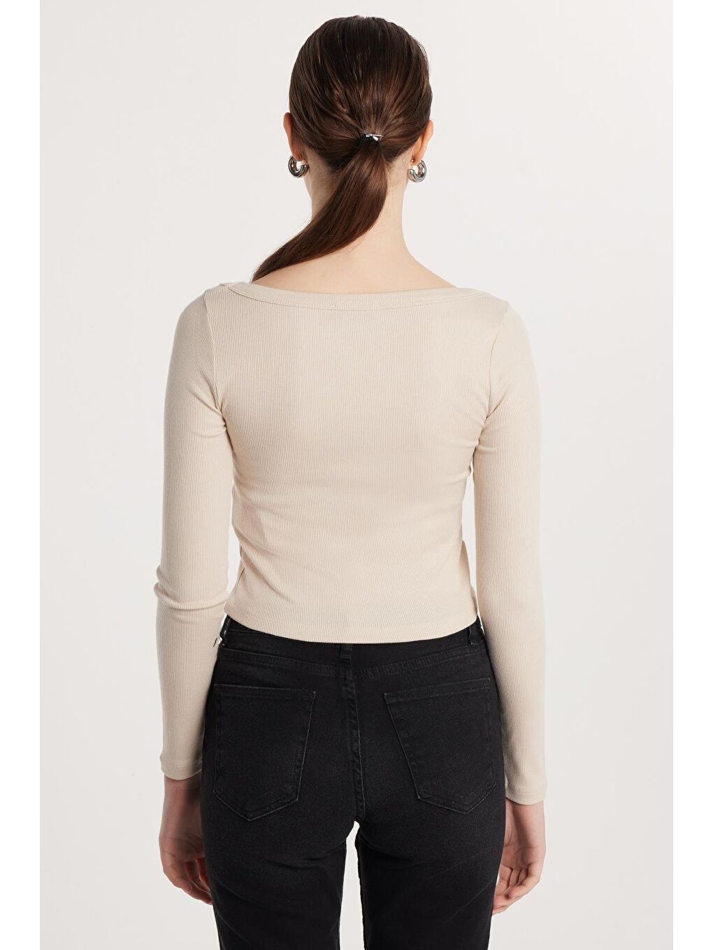 Bej Kadın Modal Kumaş Slim Fit Dar Kesim Kare Yaka Taş Bluz-4