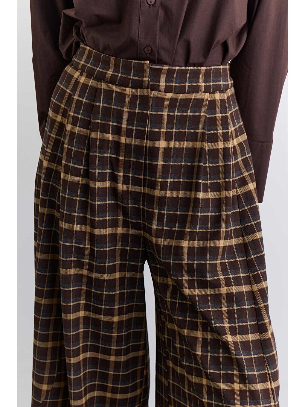 Ekose Balon Form Pantolon Kahverengi-4