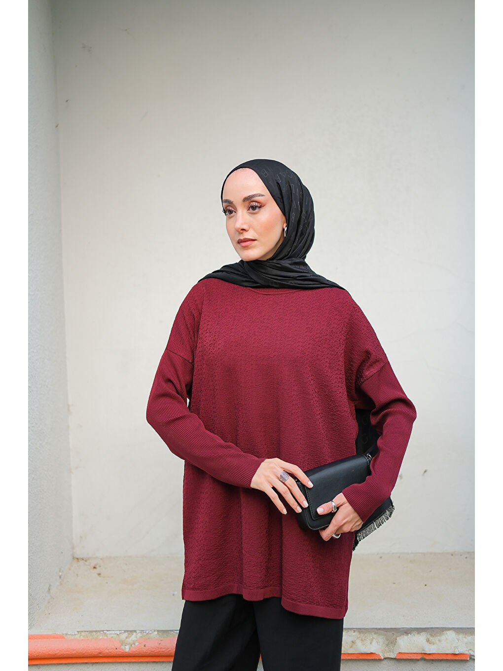 Kadın Kendinden Desenli Tunik Bordo-1