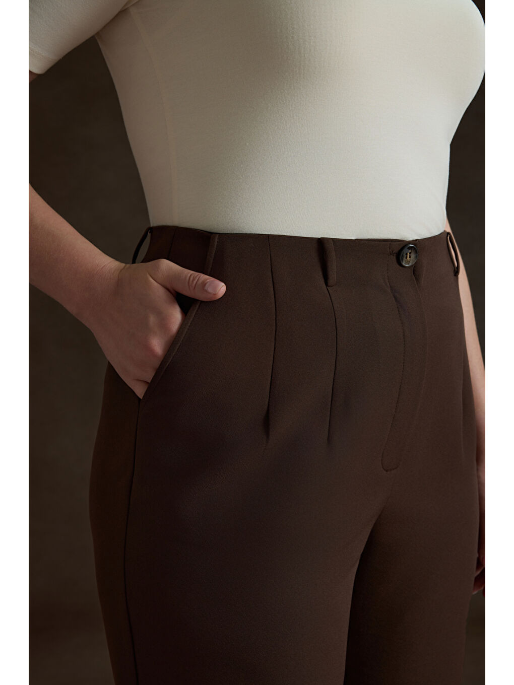 Kahverengi İç Beli Lastikli Dokuma Pantolon-3