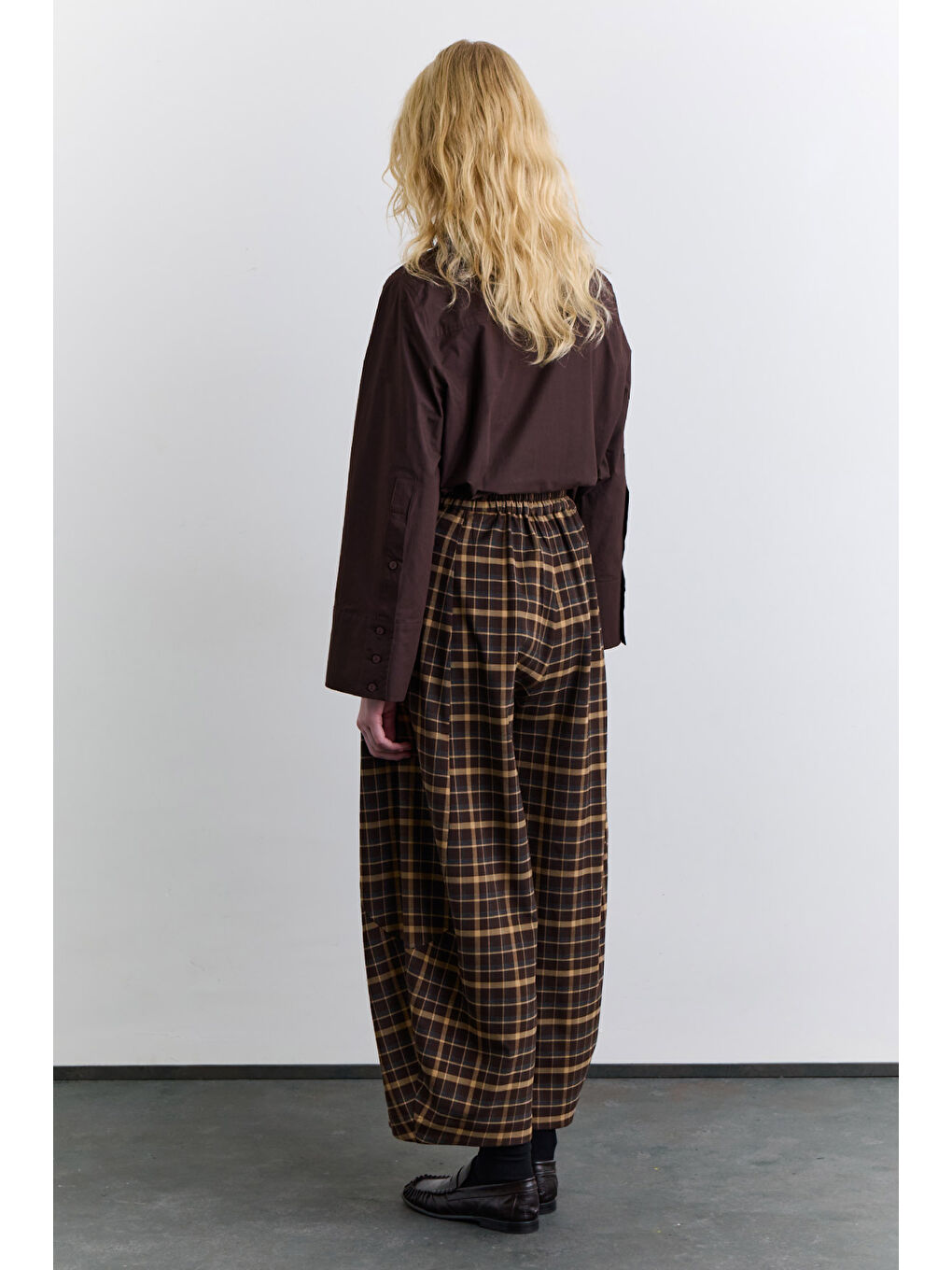 Ekose Balon Form Pantolon Kahverengi-5