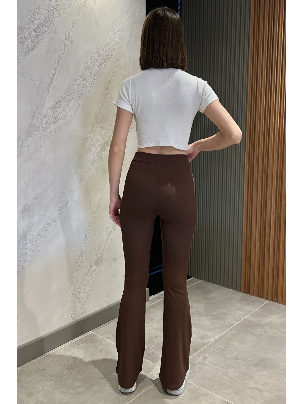 Kahverengi Kadın Yüksek Bel Fitilli İspanyol Paça Tayt-2