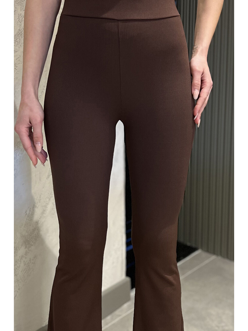 Kahverengi Kadın Yüksek Bel Fitilli İspanyol Paça Tayt-3