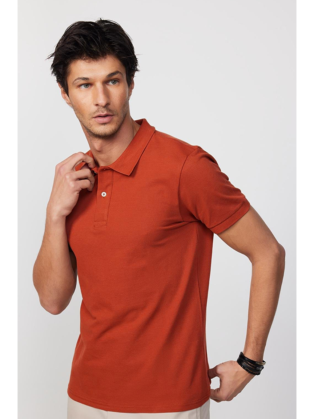 Kahverengi Erkek Slim Fit Dar Kesim %100 Pamuk Kiremit Polo Yaka Tişört