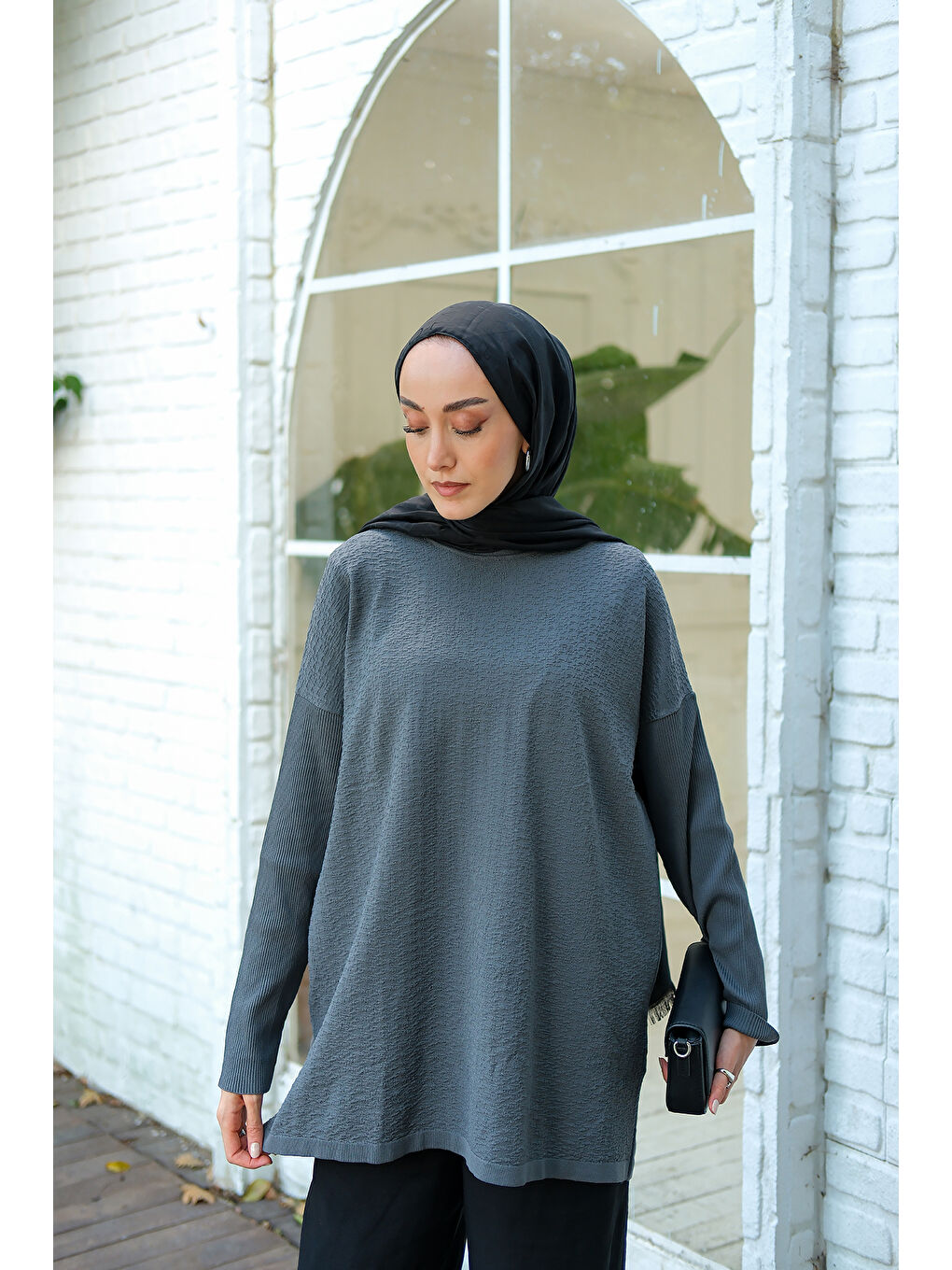 Gri Kadın Kendinden Desenli Tunik Füme-1