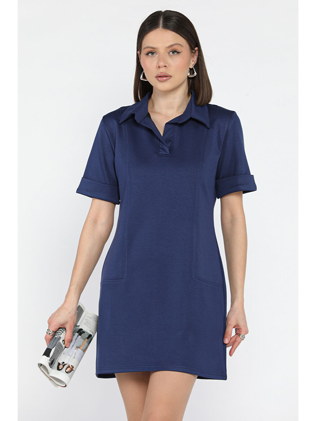 Lacivert Polo Yaka Duble Kol Kadın Elbise