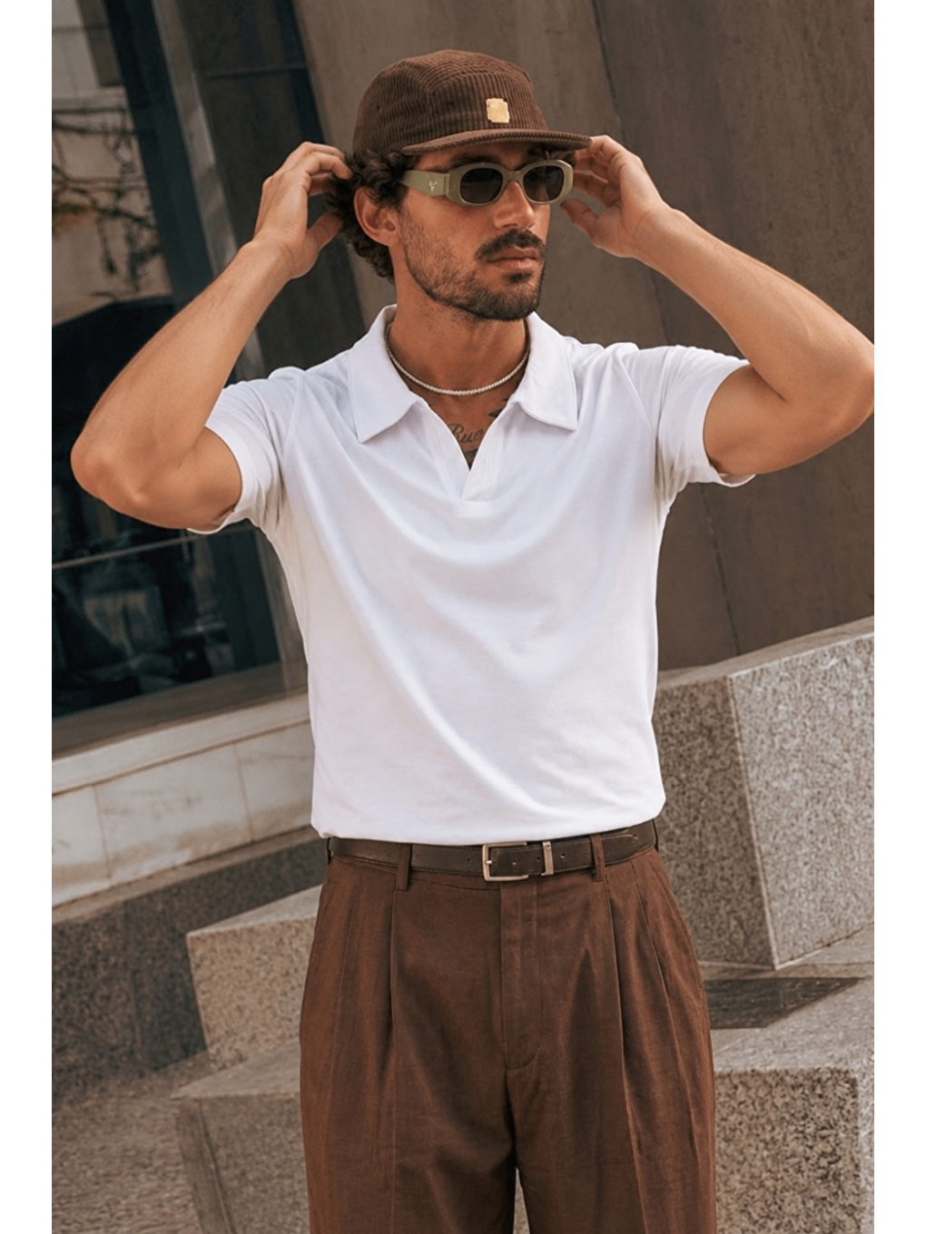 Erkek Polo Yaka %100 Pamuklu Basic Beyaz Tişört-3
