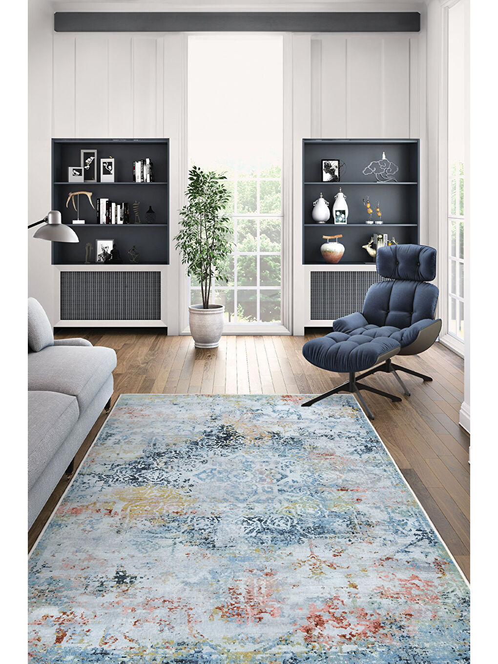 Mavi Dekoratif Özel Tasarım Yıkanabilir İnce Kaymaz Tabanlı Modern Halı KECE FR33-2