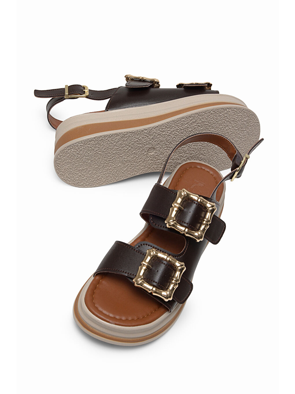 Kahverengi Kadın Kahve Rahat Kalıp Yüksek Taban Tokalı Sandalet-2